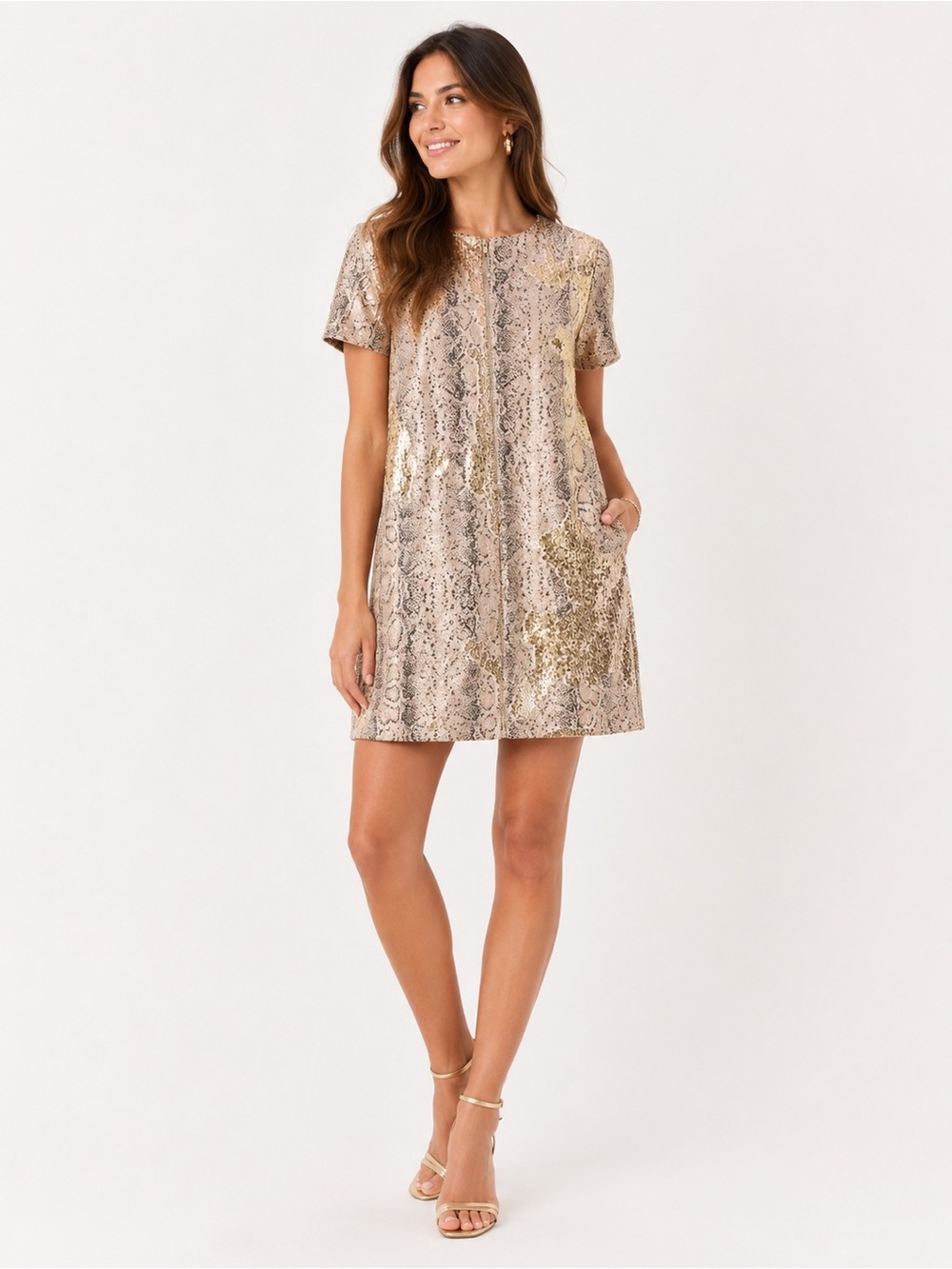 Karlie Snakeskin Sequin Shift Dress Small Gold Beige Party Cocktail